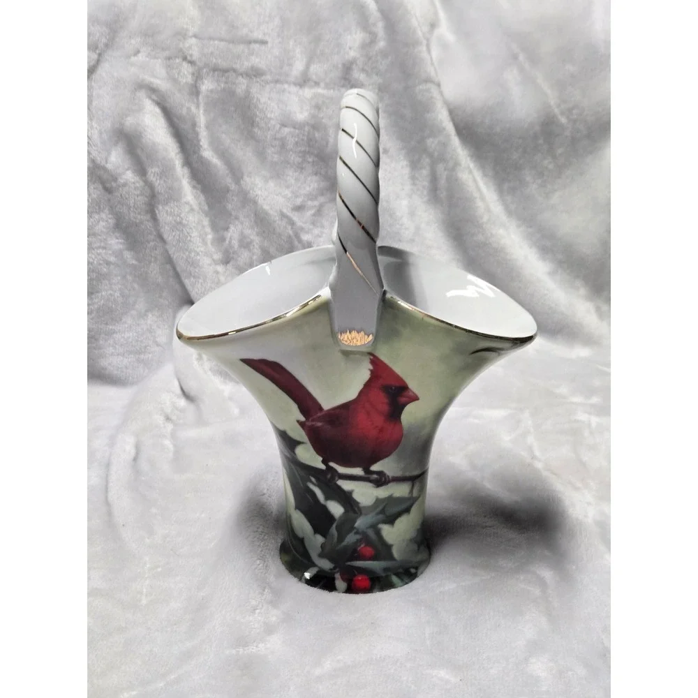 Hautman Brothers Cardinal in Holly Porcelain Basket 9.5